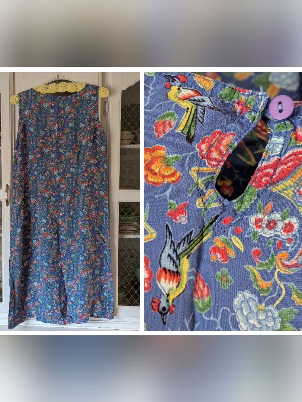 M VTG April Cornell 90s Slip Dress Sleeveless Blue Floral Bird Print Maxi Dress